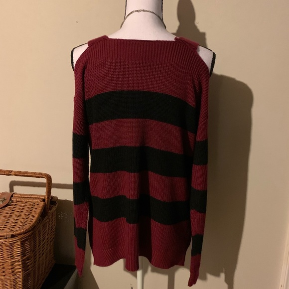 Hooked Up Red and Black Cold Shoulder Sweater - Picture 5 of 8